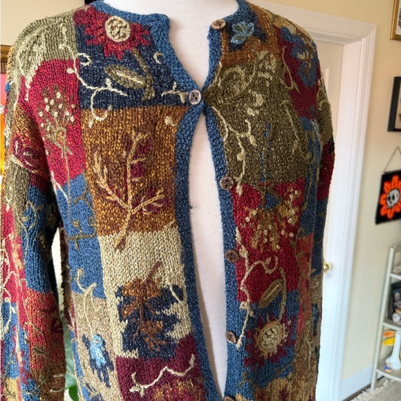 Vintage 90’s Silk Blend Multicolor Hand Knit Cardigan with Leaf Details - Picture 3 of 9